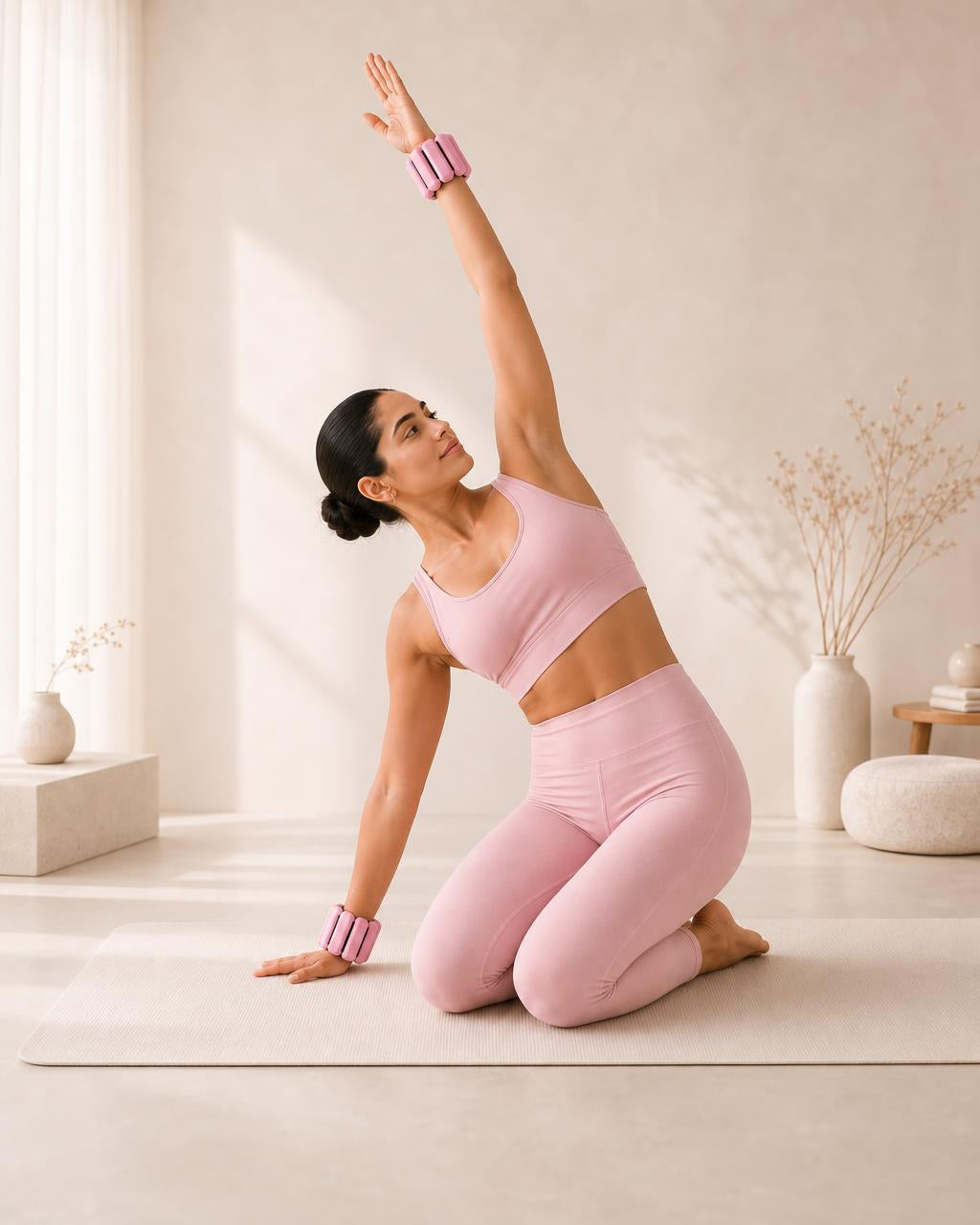 Mujer haciendo yoga con pulseras de peso rosa